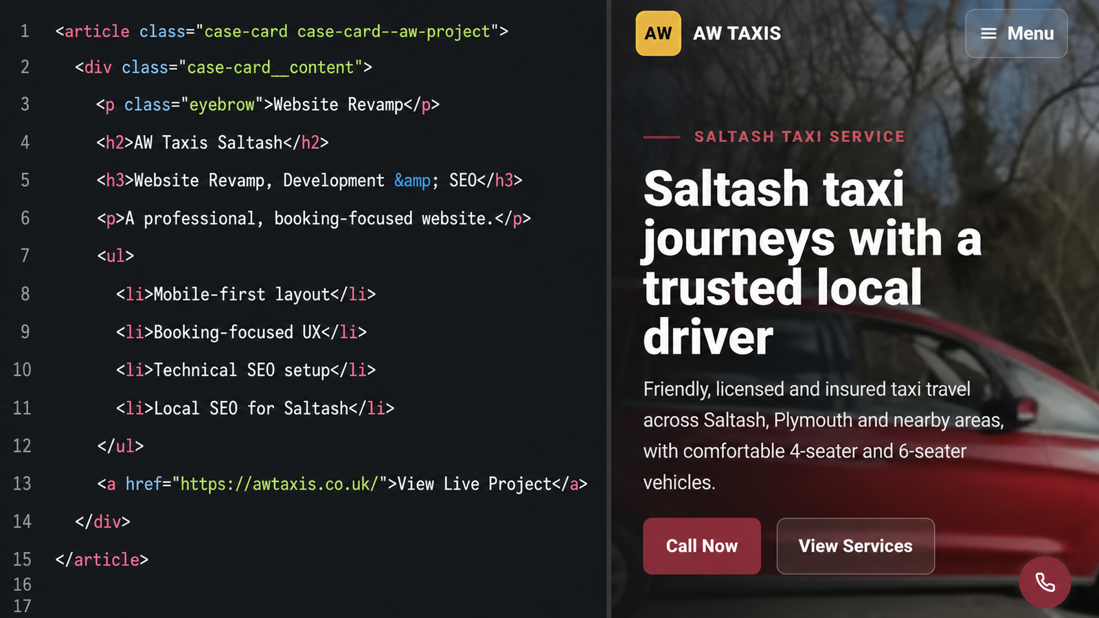 AW Taxis website displayed beside its RS Digital portfolio source code