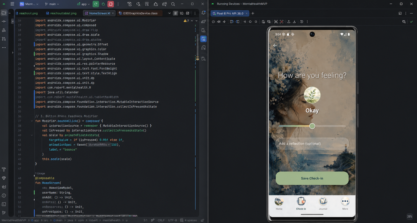 Beacon Android check-in screen displayed beside its Kotlin source code in Android Studio