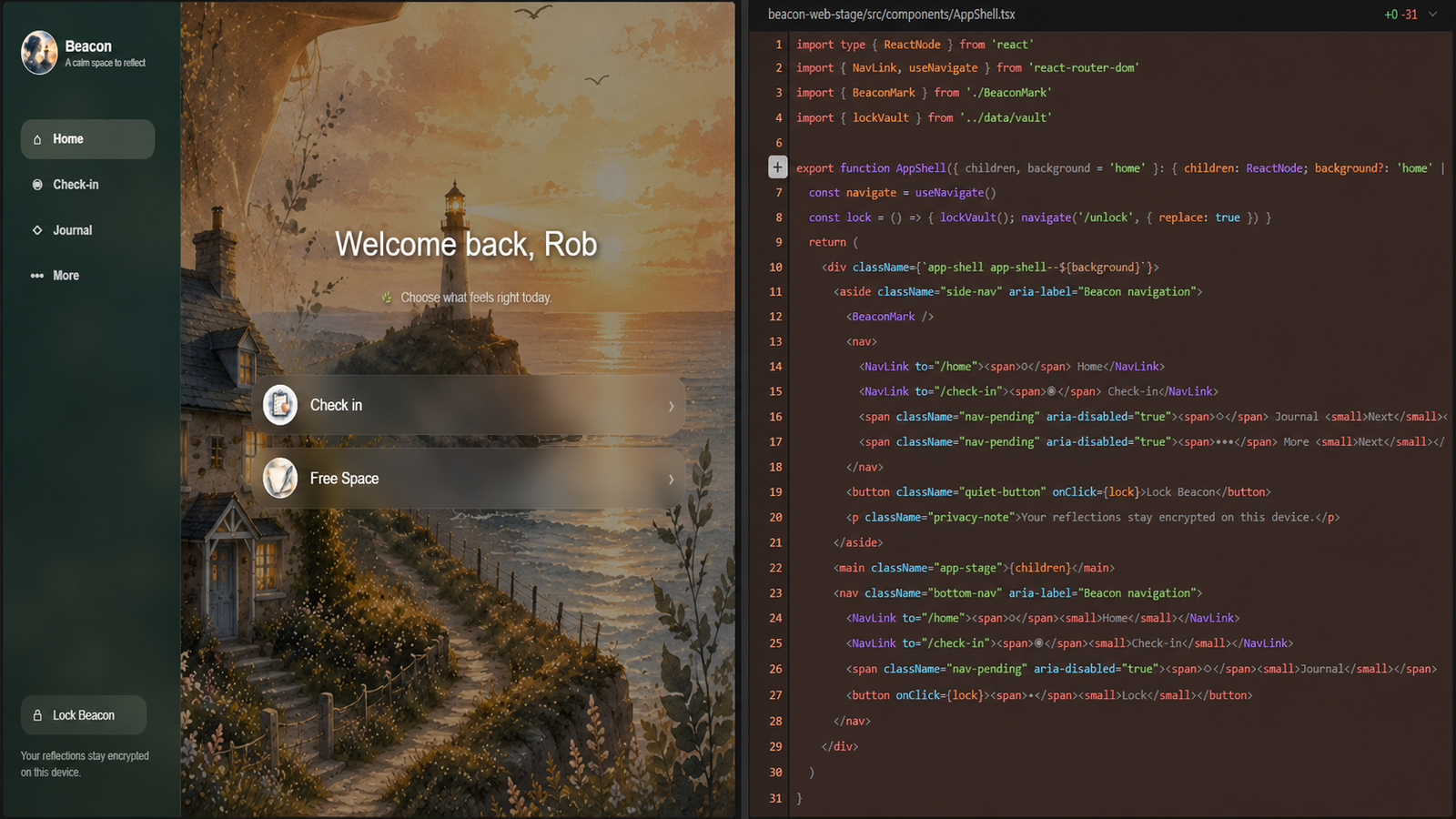 Beacon Web home screen displayed beside its React source code