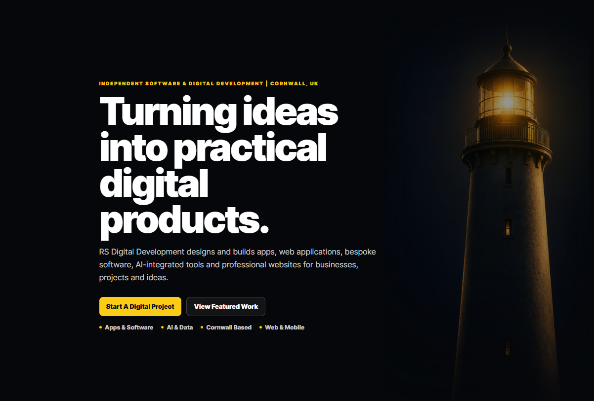 RS Digital Development homepage hero showcasing its software and digital product direction